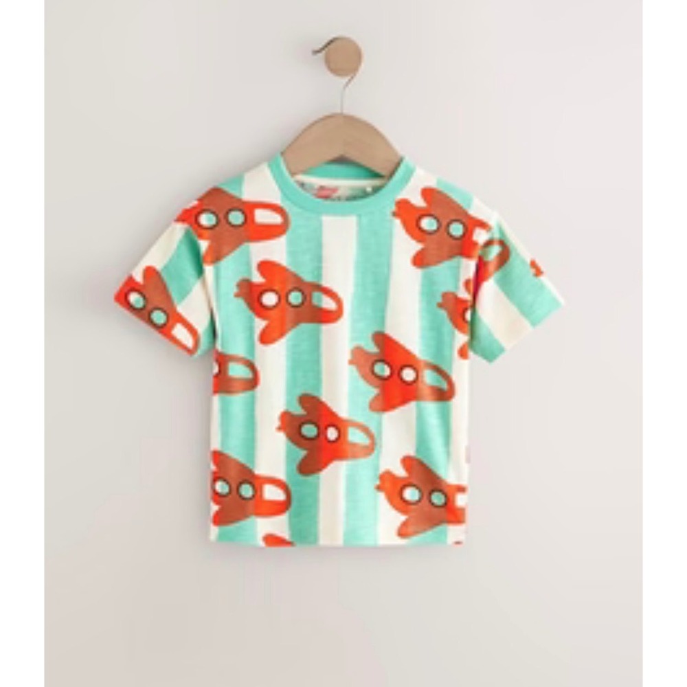 Next Kids Teal Stripe Airplane Print Cotton T-Shirt Relaxed Fit E63-790-409 3-4Y